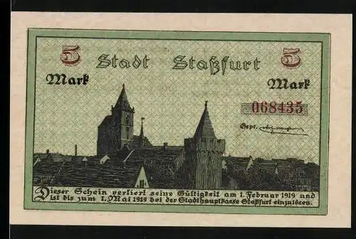 Notgeld Stassfurt, 1918, 5 Mark, Stadtansicht und Bergbauindustrie, gültig bis 1. Mai 1919, Seriennummer 068435