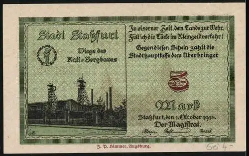 Notgeld Stassfurt, 1918, 5 Mark, Stadtansicht und Bergbauindustrie, gültig bis 1. Mai 1919, Seriennummer 068435