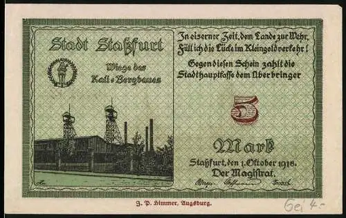 Notgeld Stassfurt 1918, 5 Mark, Stadtansicht und Bergbau-Szene