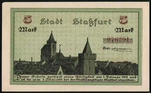 Notgeld Stassfurt 1918, 5 Mark, Stadtansicht und Bergbau-Szene