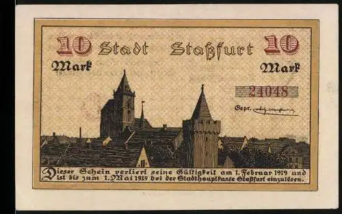 Notgeld Stassfurt, 1918, 10 Mark, Stadtansicht und Bergbauanlagen