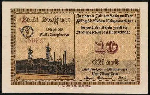 Notgeld Stassfurt, 1918, 10 Mark, Stadtansicht und Bergbauanlagen