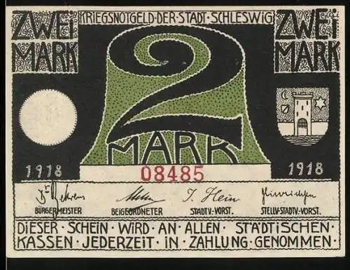 Notgeld Schleswig, 1918, 2 Mark, stilisierte Zahl 2 und Landschaft mit Segelbooten