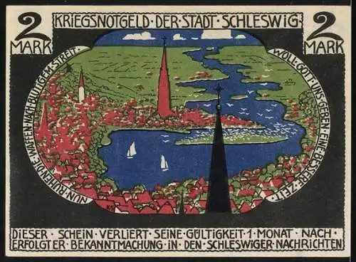 Notgeld Schleswig, 1918, 2 Mark, stilisierte Zahl 2 und Landschaft mit Segelbooten