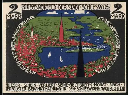 Notgeld Schleswig, 1918, 2 Mark, Stadtansicht mit Segelbooten und Unterschriften der Stadtbeamten