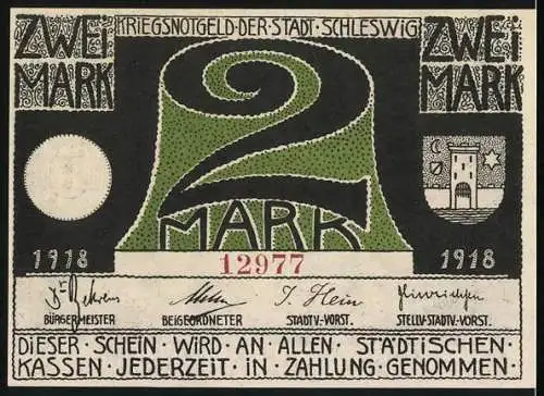 Notgeld Schleswig, 1918, 2 Mark, Stadtansicht mit Segelbooten und Unterschriften der Stadtbeamten