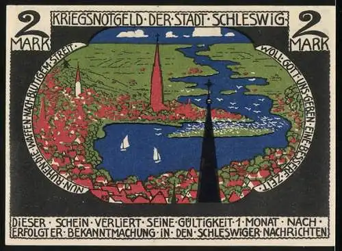 Notgeld Schleswig, 1918, 2 Mark, Kriegsnotgeld der Stadt Schleswig mit Stadtansicht und Unterschriften