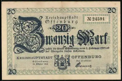 Notgeld Offenburg, 1918, 20 Mark, Seriennummer 24591, Kreishauptstadt Offenburg, Grossherzogtum Baden, 22. Oktober 1918