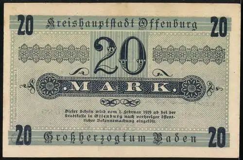 Notgeld Offenburg, 1918, 20 Mark, Seriennummer 24591, Kreishauptstadt Offenburg, Grossherzogtum Baden, 22. Oktober 1918