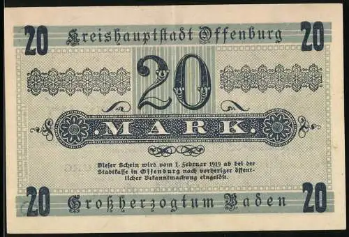 Notgeld Offenburg, 1918, 20 Mark, Kreishauptstadt Offenburg im Grossherzogtum Baden, Seriennummer 57889