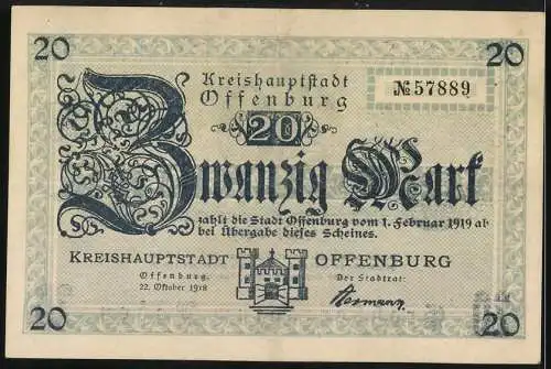 Notgeld Offenburg, 1918, 20 Mark, Kreishauptstadt Offenburg im Grossherzogtum Baden, Seriennummer 57889