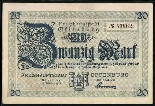 Notgeld Offenburg 1918, 20 Mark, Kreishauptstadt Offenburg mit dekorativem Design und Stadtwappen