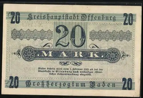 Notgeld Offenburg 1918, 20 Mark, Kreishauptstadt Offenburg mit dekorativem Design und Stadtwappen