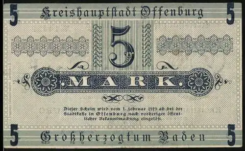 Notgeld Offenburg, 1918, 5 Mark, Kreishauptstadt Offenburg und Grossherzogtum Baden, Seriennummer 14451