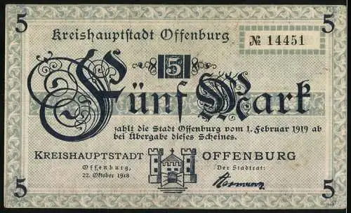 Notgeld Offenburg, 1918, 5 Mark, Kreishauptstadt Offenburg und Grossherzogtum Baden, Seriennummer 14451