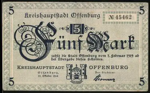 Notgeld Offenburg, 1918, 5 Mark, Kreishauptstadt Offenburg, Grossherzogtum Baden, Seriennummer 45462, Stadt Offenburg