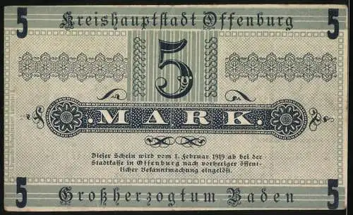 Notgeld Offenburg, 1918, 5 Mark, Kreishauptstadt Offenburg, Grossherzogtum Baden, Seriennummer 45462, Stadt Offenburg