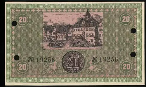 Notgeld Neckarsulm 1918, 20 Mark, Stadtansicht und Text mit Unterschriften