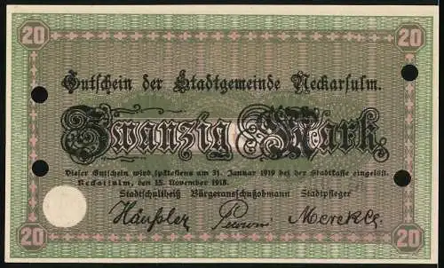 Notgeld Neckarsulm 1918, 20 Mark, Stadtansicht und Text mit Unterschriften