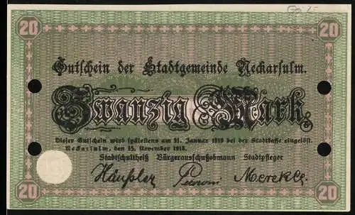 Notgeld Neckarsulm 1918, 20 Mark, grün, Gebäudeansicht und Stadtwappen