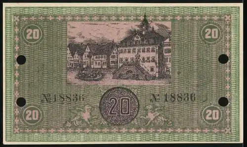 Notgeld Neckarsulm 1918, 20 Mark, grün, Gebäudeansicht und Stadtwappen