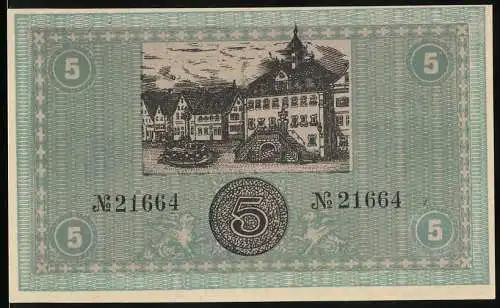 Notgeld Neckarsulm 1918, 5 Mark, Gutschein der Stadtgemeinde Neckarsulm, Gebäudeabbildung und Unterschriften