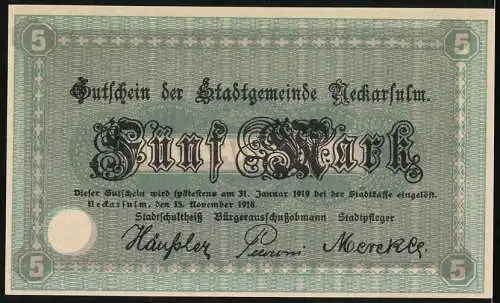 Notgeld Neckarsulm 1918, 5 Mark, Gutschein der Stadtgemeinde Neckarsulm, Gebäudeabbildung und Unterschriften