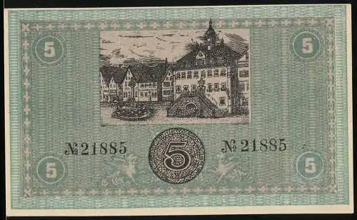 Notgeld Neckarsulm, 1918, 5 Mark, Rathausabbildung und Unterschriften auf hellgrüner Hintergrund