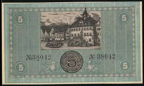 Notgeld Neckarsulm, 1918, 5 Mark, Stadtansicht und Inschrift, Seriennummer 38042