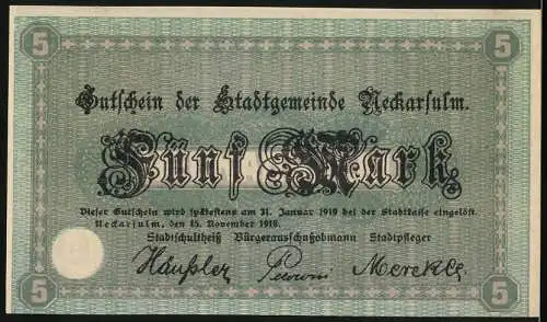 Notgeld Neckarsulm, 1918, 5 Mark, Stadtansicht und Inschrift, Seriennummer 38042