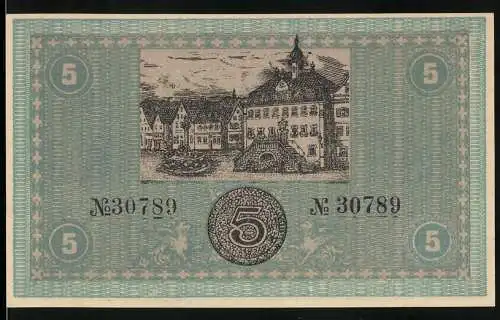 Notgeld Neckarsulm 1918, 5 Mark, Gutschein der Stadtgemeinde Neckarsulm, Stadtansicht und Unterschriften