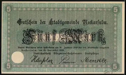 Notgeld Neckarsulm 1918, 5 Mark, Gutschein der Stadtgemeinde Neckarsulm, Stadtansicht und Unterschriften