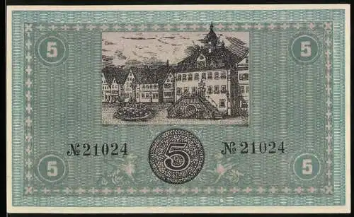 Notgeld Neckarsulm 1918, 5 Mark, Gutschein der Stadtgemeinde mit Stadtansicht und Unterschriften
