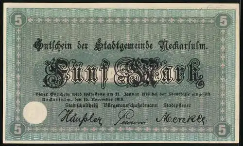 Notgeld Neckarsulm 1918, 5 Mark, Gutschein der Stadtgemeinde mit Stadtansicht und Unterschriften