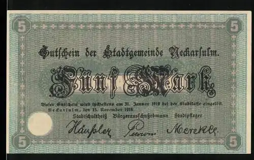 Notgeld Neckarsulm 1918, 5 Mark, Stadtgemeinde Gutschein mit Stadtansicht