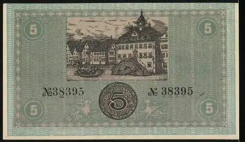 Notgeld Neckarsulm 1918, 5 Mark, Stadtgemeinde Gutschein mit Stadtansicht