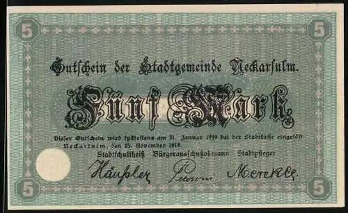 Notgeld Neckarsulm 1918, 5 Mark, Stadtgemeinde Gutschein mit Gebäudeabbildung und Seriennummer 18642