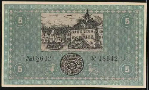 Notgeld Neckarsulm 1918, 5 Mark, Stadtgemeinde Gutschein mit Gebäudeabbildung und Seriennummer 18642