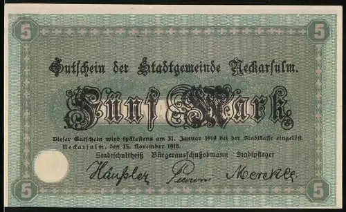 Notgeld Neckarsulm 1918, 5 Mark, Stadtansicht mit Gebäuden und Seriennummer 34805