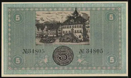 Notgeld Neckarsulm 1918, 5 Mark, Stadtansicht mit Gebäuden und Seriennummer 34805