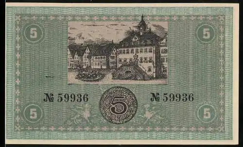 Notgeld Neckarsulm, 1918, 5 Mark, Gutschein der Stadtgemeinde mit Stadtansicht und Signaturen
