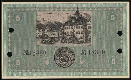 Notgeld Neckarsulm, 1918, 5 Mark, Gutschein der Stadtgemeinde, Gebäudeabbildung