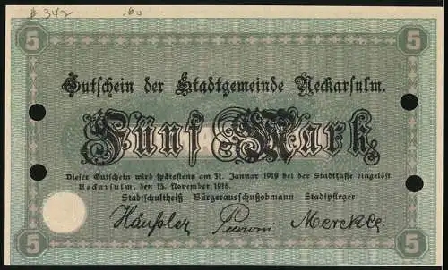 Notgeld Neckarsulm, 1918, 5 Mark, Gutschein der Stadtgemeinde, Gebäudeabbildung