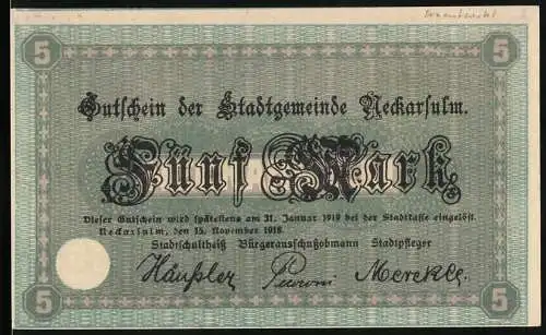 Notgeld Neckarsulm, 1918, 5 Mark, Stadtkasse mit Unterschriften und Gebäudeabbildung, Nr. 39456