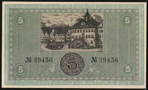 Notgeld Neckarsulm, 1918, 5 Mark, Stadtkasse mit Unterschriften und Gebäudeabbildung, Nr. 39456