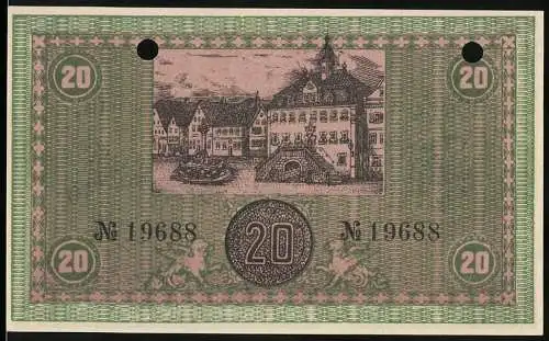 Notgeld Neckarsulm, 1918, 20 Mark, Gutschein der Stadtgemeinde mit Stadtansicht und Unterschriften