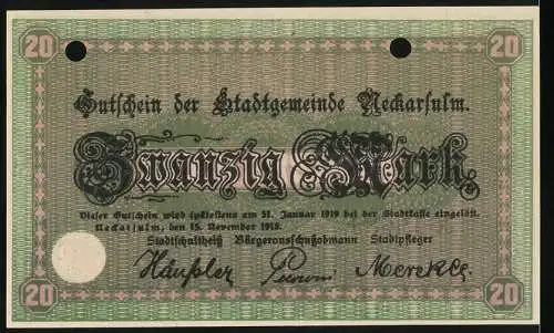 Notgeld Neckarsulm, 1918, 20 Mark, Gutschein der Stadtgemeinde mit Stadtansicht und Unterschriften