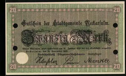 Notgeld Neckarsulm, 1918, 20 Mark, Stadtgemeinde Gutschein mit grüner Umrandung und Abbildung von Gebäuden