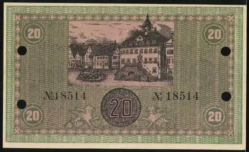 Notgeld Neckarsulm, 1918, 20 Mark, Stadtgemeinde Gutschein mit grüner Umrandung und Abbildung von Gebäuden