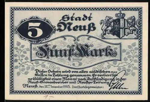 Notgeld Neuss, 1918, 5 Mark, Stadt Neuss mit Löwen und Wappen, Fünf Mark